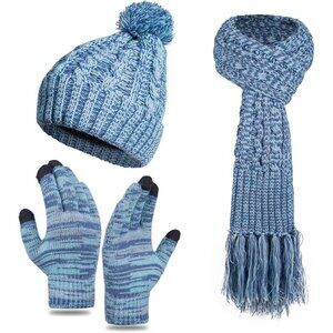 Women Winter Beanie Hat Scarf and Gloves Set Warm Knitted Pom Cap Cold Weather